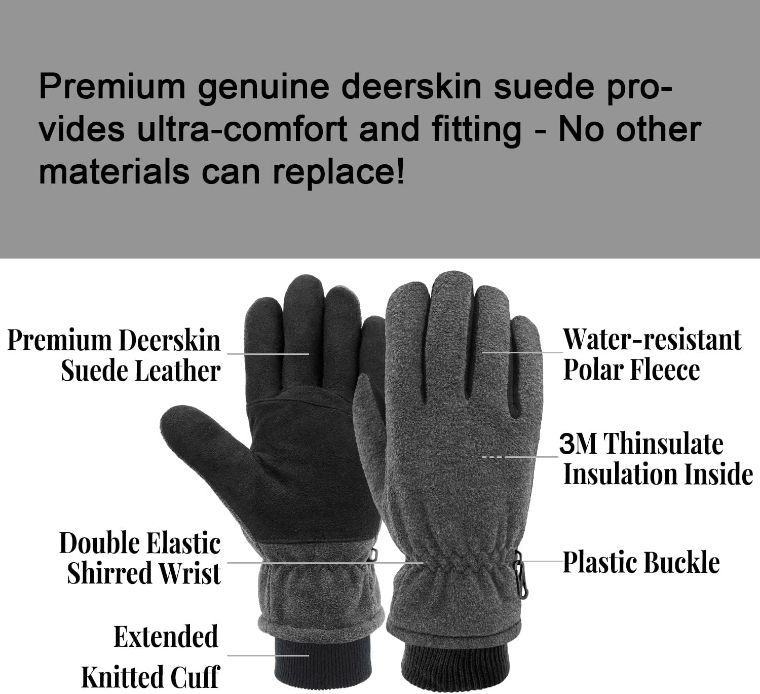 SKYDEER Winter Gloves with Soft Deerskin Suede Leather & Thermal Polar Fleece & Warm 3M Thinsulate Insulation (SD8661T) - Image 3