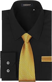 HISDERN Mens Dress Shirt with Tie Pocket Square Set Classic Button Down Shirt Matching Tie Long Sleeve Shirts
