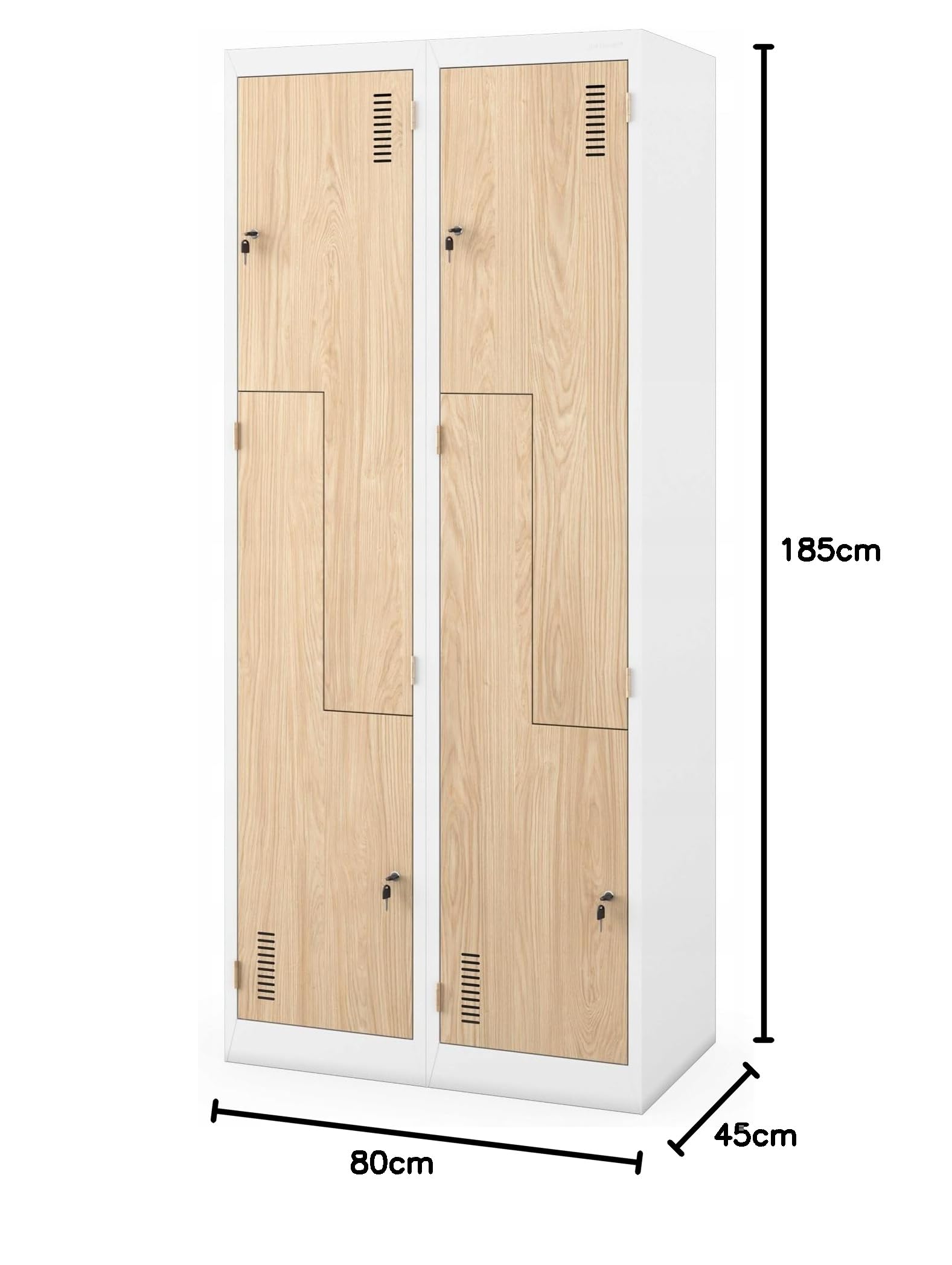 Jan Nowak Umkleideschrank Z02 Spind mit 4 Abteilen Kleiderspind Metallschrank Flügeltür Lüftungsschlitzen Pulverbeschichtung 185 cm x 80 cm x 45 cm (Weiß-Holz)