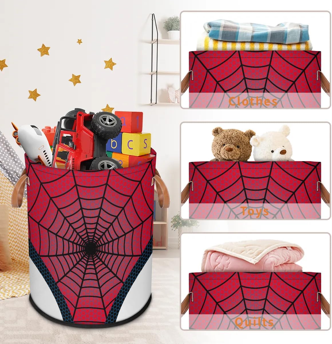 Large Laundry Hamper Basket with Lid, Round Collapsible Storage Organizer Bin for Kids Room, Boys, Nursery, Closet, Bedroom, Playroom, Toys, Dirty Clothes, Red Spider Web 16"W x 20"H