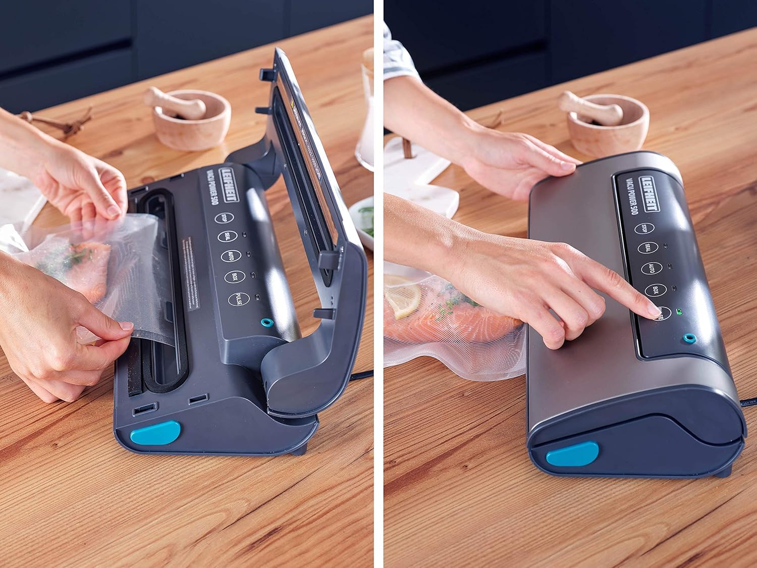 Leifheit Vakuumiergerät Vacu Power 500 Vakuumierer doppelte Schweißnaht Sous-Vide-Garen inkl. 10 Beutel 20x30cm