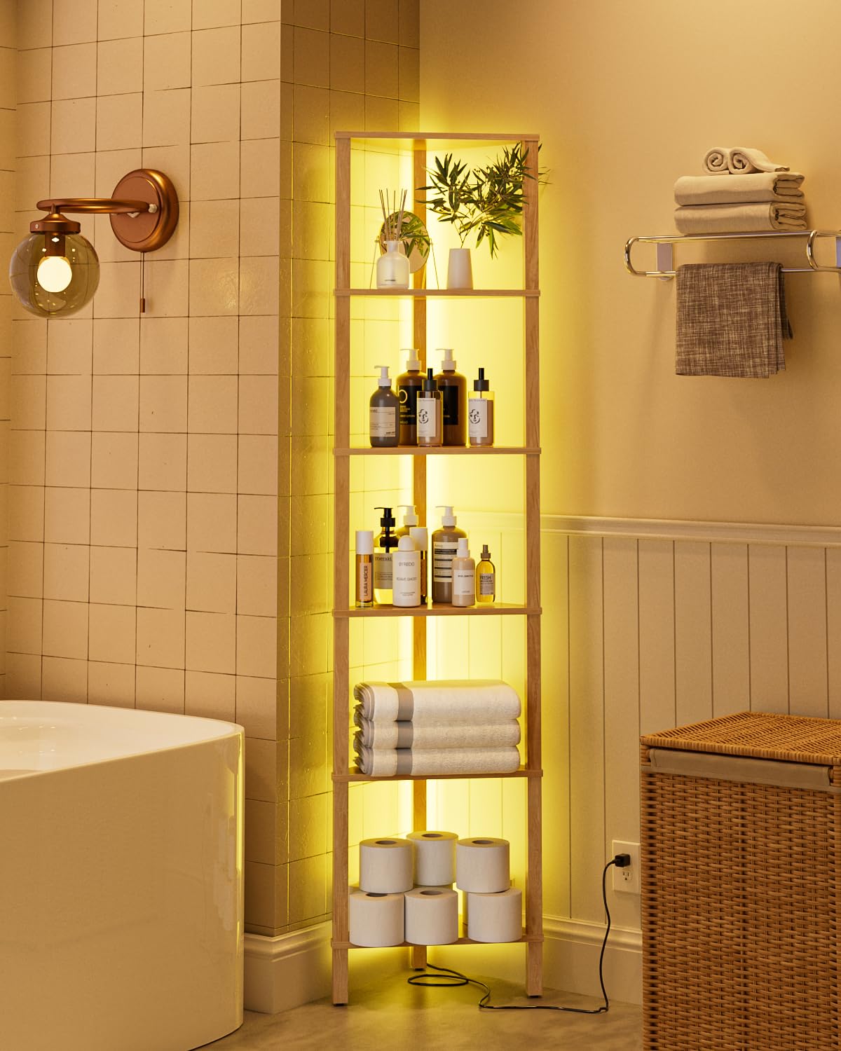 Estantería esquinera de 6 Niveles con luz LED, estantería Triangular de pie, Mueble Organizador Que Ahorra Espacio para salón, Dormitorio, Cocina o baño, Acabado Roble, 37 × 27 × 150 cm