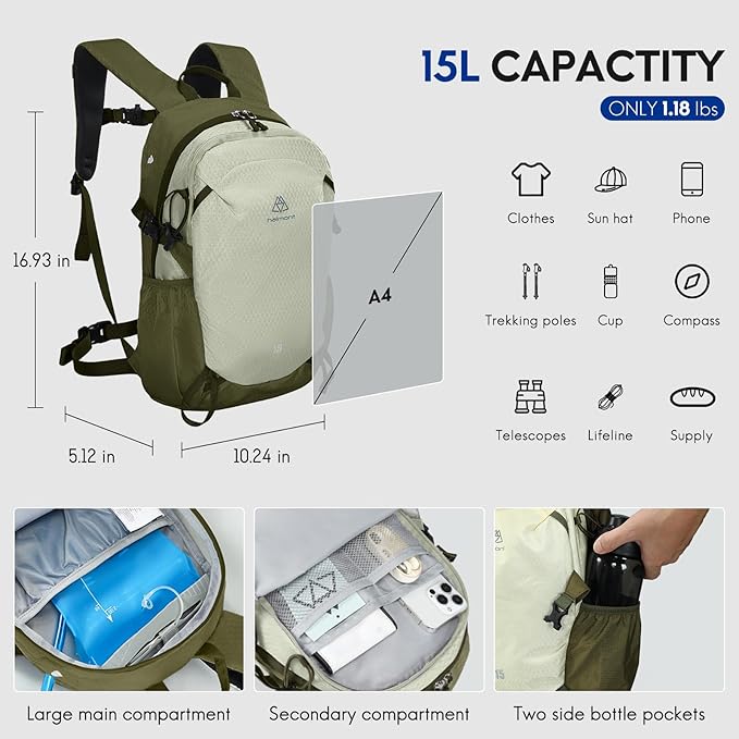 Mochila Senderismo 15L Haimont Ligera Impermeable Verde miniatura 2
