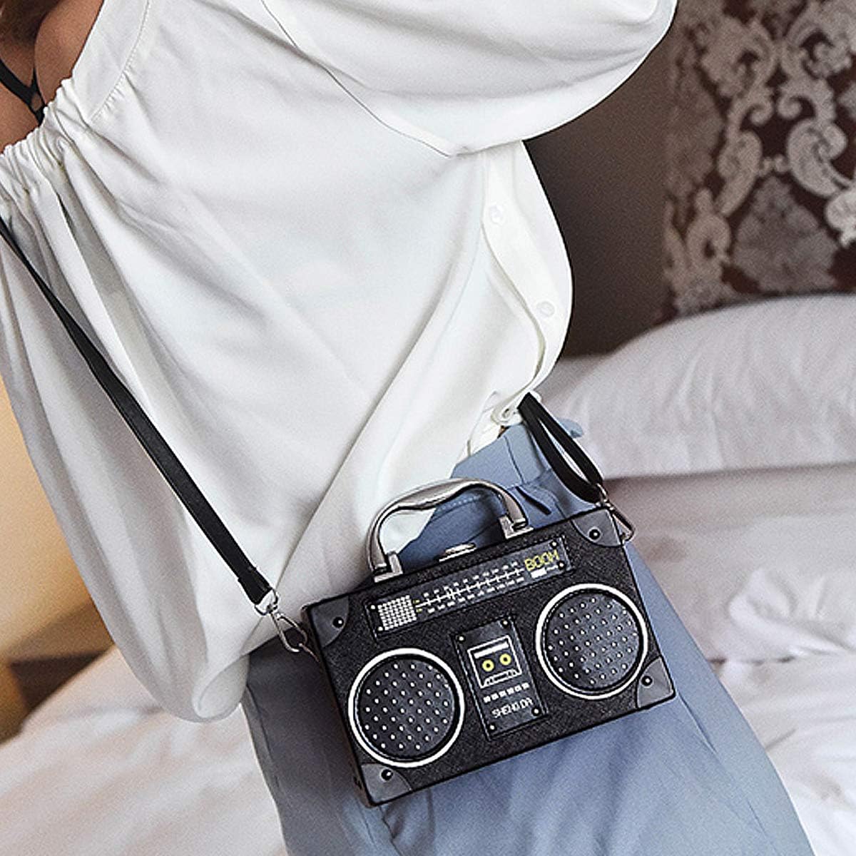Vintage Radio Recorder Clutch Handbag Leather Top Metal Handle Crossbody Small Box Bag Shoulder Bag - Image 7