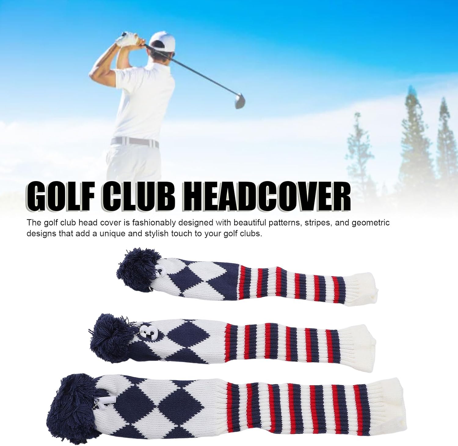 Knitted Golf Covers Set, 3Pcs Golf Cover Pattern Plush Ball Protective Scratch with Long Neck Golf Headcovers for Driver and Fairway Woods