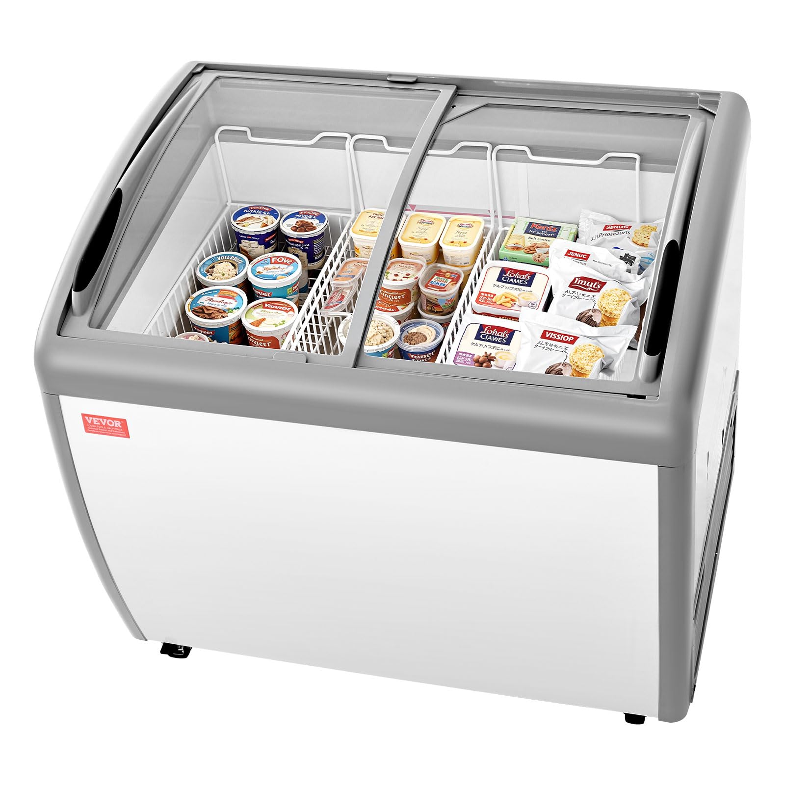 VEVOR Commercial Ice Cream Display Case, 9.3 Cu.ft Chest Freezer, -19 to 3℉ Temp Adjustable Mobile Top Deep Freezer with 3 Wire Baskets, 2 Sliding Glass Doors, Locking Casters &amp; LED Strip Lighting