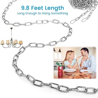 10 Feet Long Light Duty Chain, 5/64 Inch Small Metal Chain with 5/32 in Carabiners, Easy to Adjust Stainless Steel Link Chain for Indoor Outdoor Hanging Bird Feeder Wind Chimes Signs Planters Silver