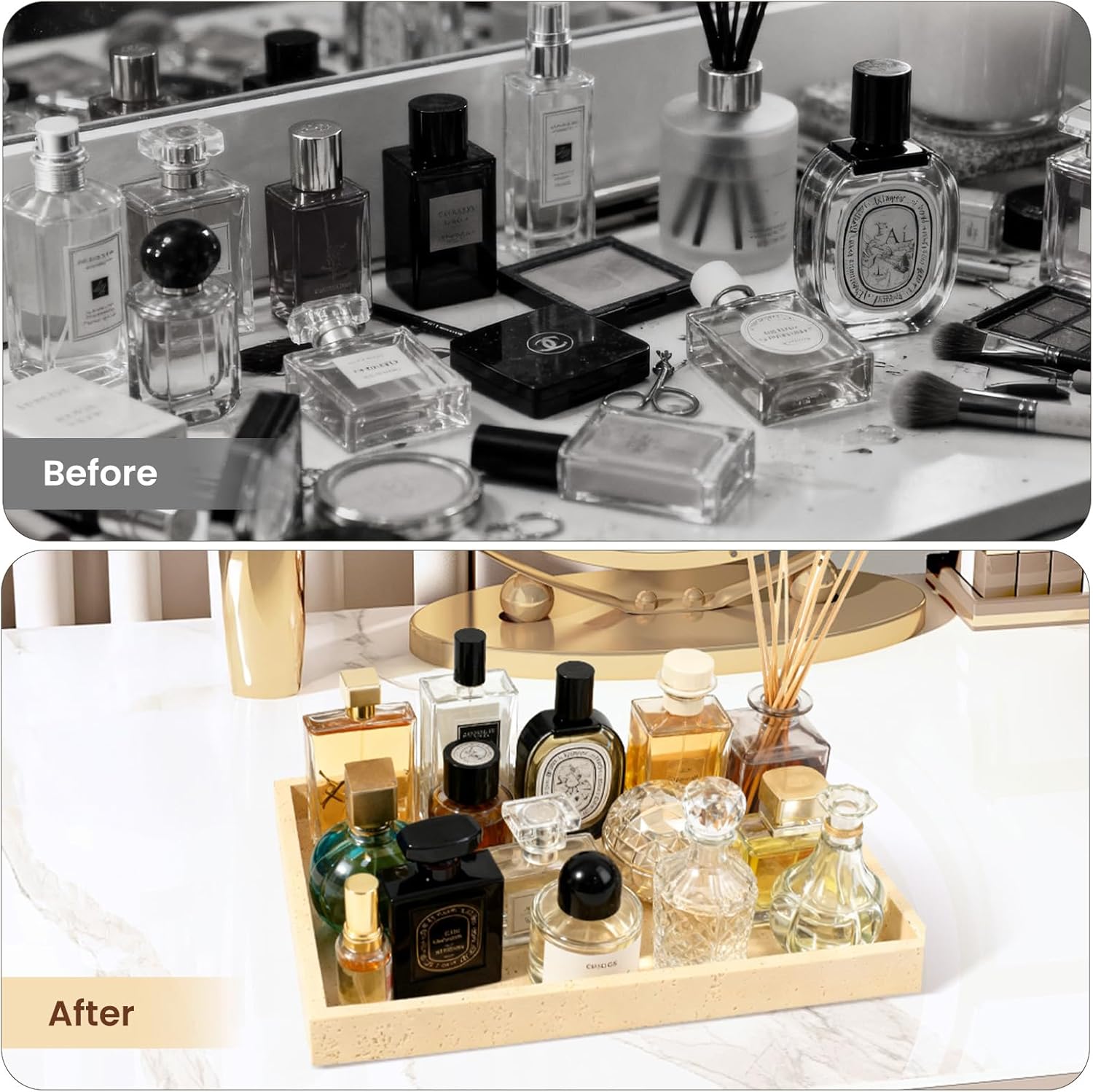 Artificial Travertine Tray, 12"x8" Perfume Tray for Bathroom Counter, Vanity, Home Organizer, Decorative Marble Trays for Perfume, Jewelry, Candles, Coffee, Rectangle, Yellow