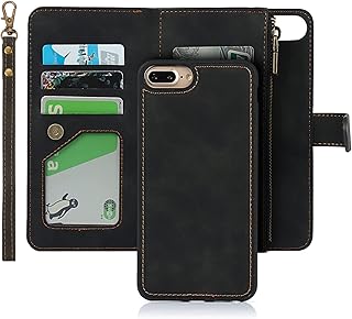 iCoverCase for iPhone 8 Plus/7 Plus/6s Plus/6 Plus Wallet Case with Card Holder and Wrist Strap, PU Leather Kickstand Card Slots Magnetic [Detachable] Flip Cover Case 5.5 Inch (Black)