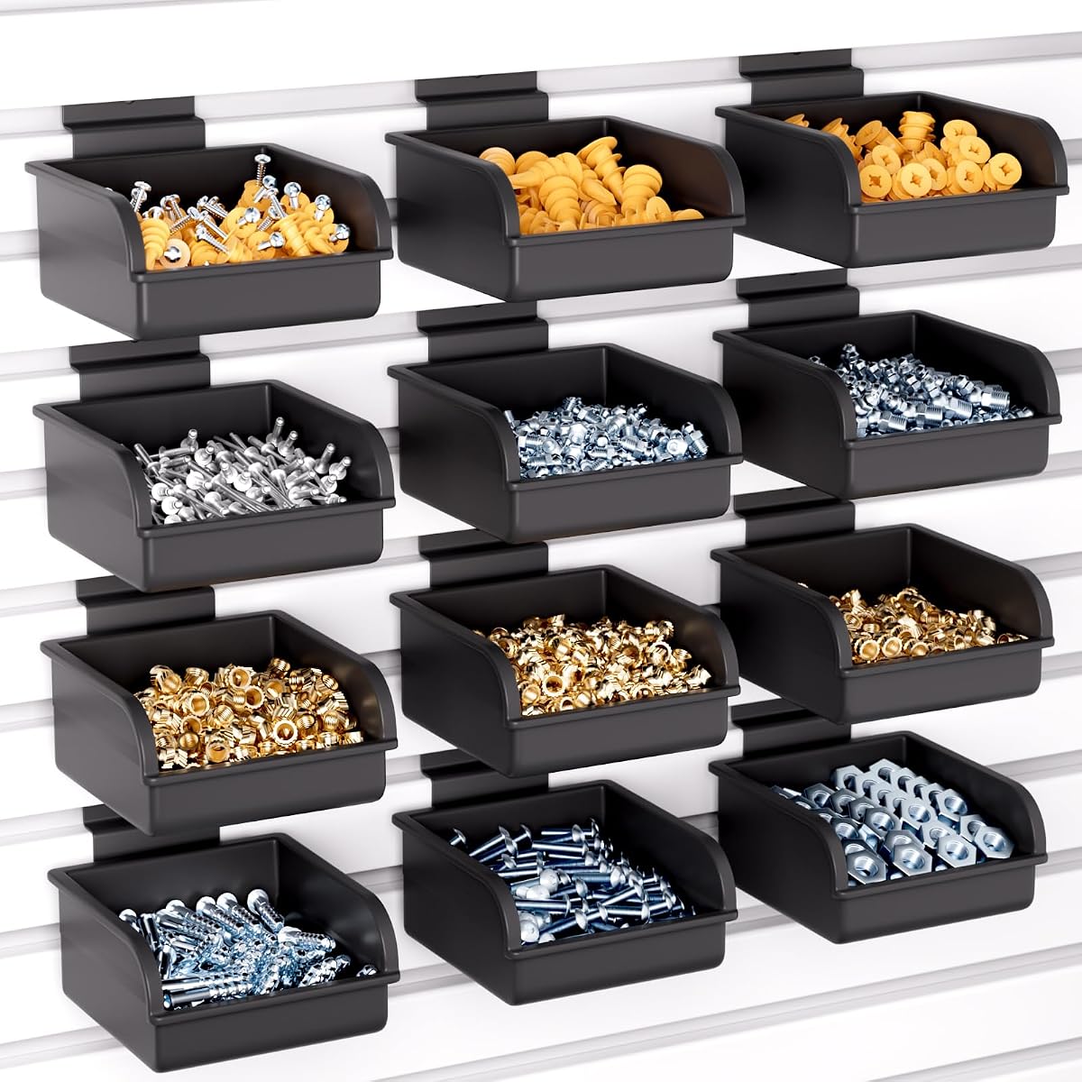 Paquete de 12 contenedores de listones con ganchos, contenedores de plástico para accesorios de listones | Contenedores de pared de listones, para paneles de pared de listones, organización de hardware, garaje, sala de manualidades, cocina, cobertizo para herramientas, banco de trabajo