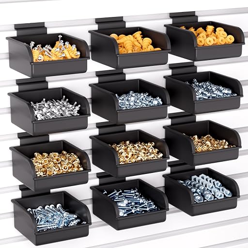 INCLY 12 Pack Slatwall Bins with Hooks, Plastic Slatwall Accessories Containers Bins for Slat Wall Panels Organizing Hardware, Garage, Craft Room, Kitchen, Tool Shed, Workbench