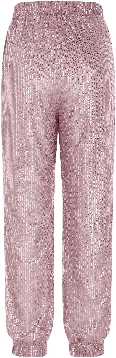 Women's Sequin Jogger Pants Metallic Gold Silver Sparkly Wide Leg Trousers for Party Club Night Out Evening Dress
