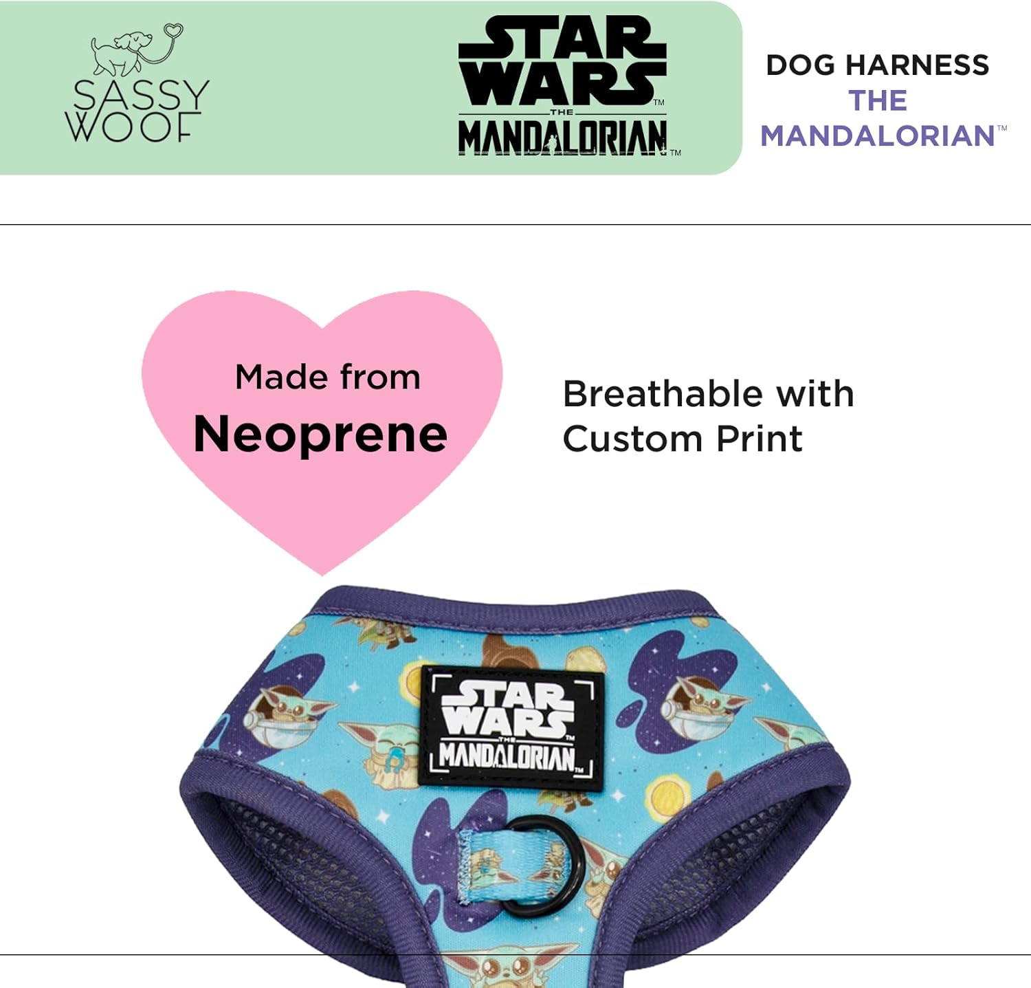 Dog Adjustable Harness - Star Wars™ The Mandalorian™ - L, Breathable Mesh, No Pull Design with Two D-Rings, Patented Design, Perfect for Small Dogs and Puppies