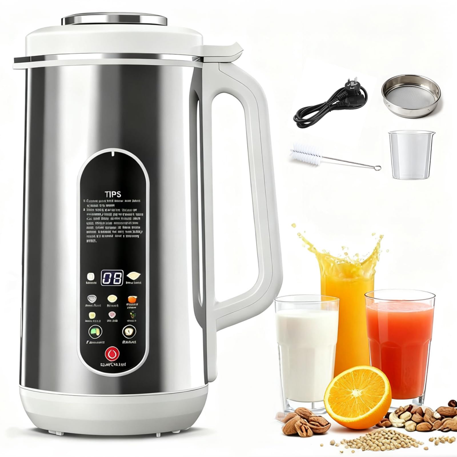 8 in 1 Nut Milk Maker Machine, 42oz Stainless Steel Automatic Soy Milk Maker with Delay Start & Keep Warm & Boil Water & Low Noise & Self-Clean, Milk Blender for Almond, Oat, Juice, Coconut