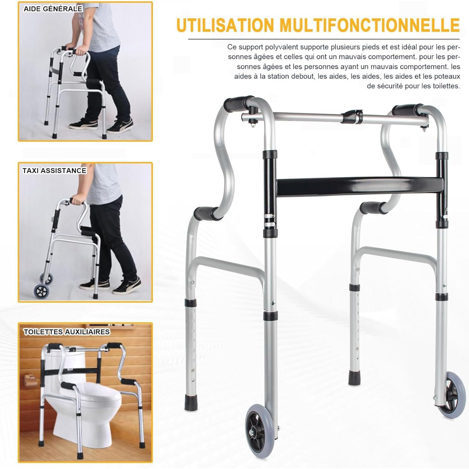 Andadores para Personas Mayores, andadores Verticales Ligeros, Andador Plegable con Asiento y Ruedas, 6 Niveles de Ajuste de Altura, Capacidad de Carga de 120 kg
