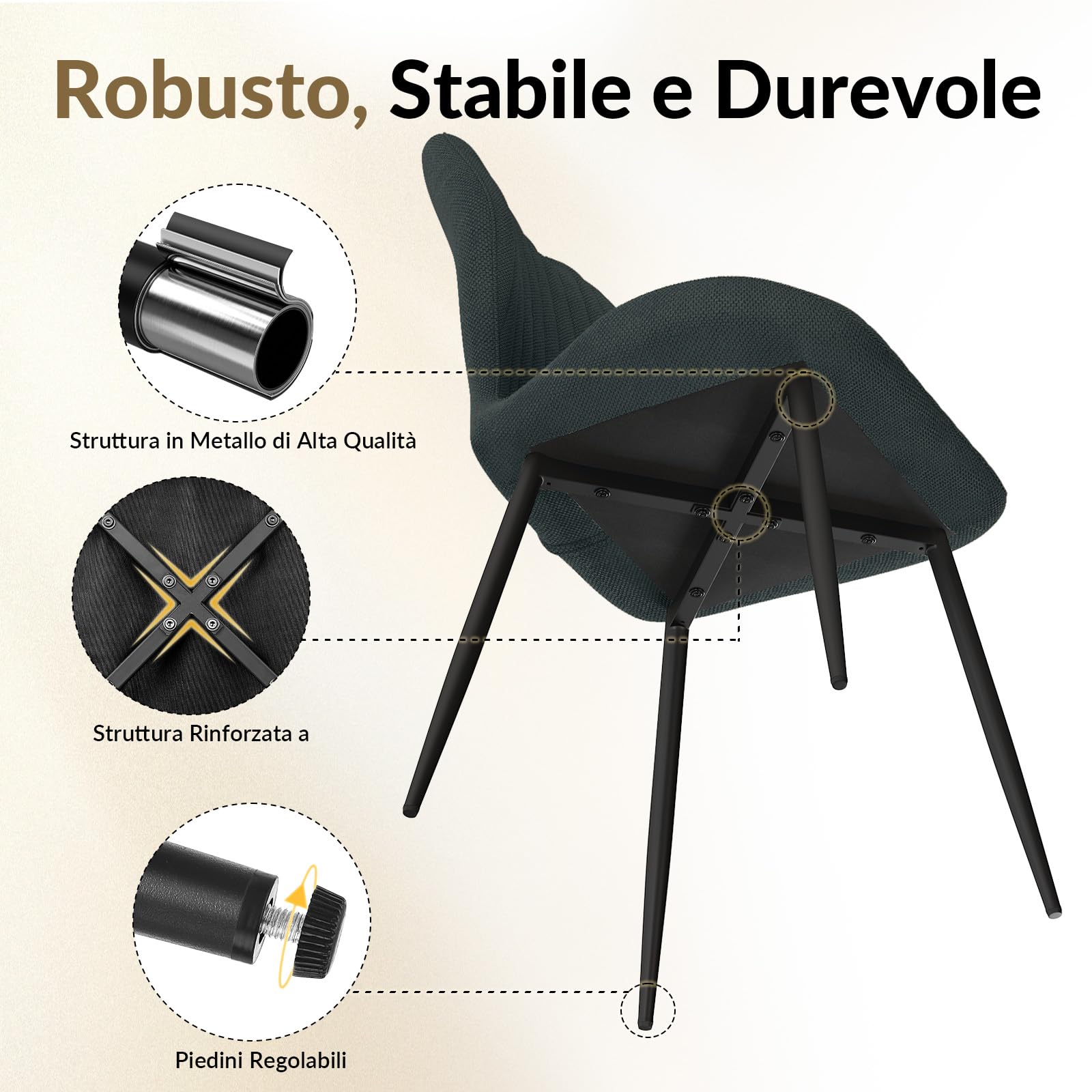 JIJIAN Set di 6 Sedie Sala da Pranzo, Sedie da Cucina, Sedia imbottita,Sedia da Soggiorno, Schienale in Tessuto e Gambe in Metallo, Ideale per Sale da Pranzo, Cucine e Soggiorni, Grigio Scuro