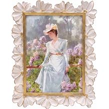 White 4x6 Floral Vintage Picture Frame, Hand-Finished Enamel Gold-Plated Decorative Photo Frame with HD Glass & Velvet Easel for Tabletop
