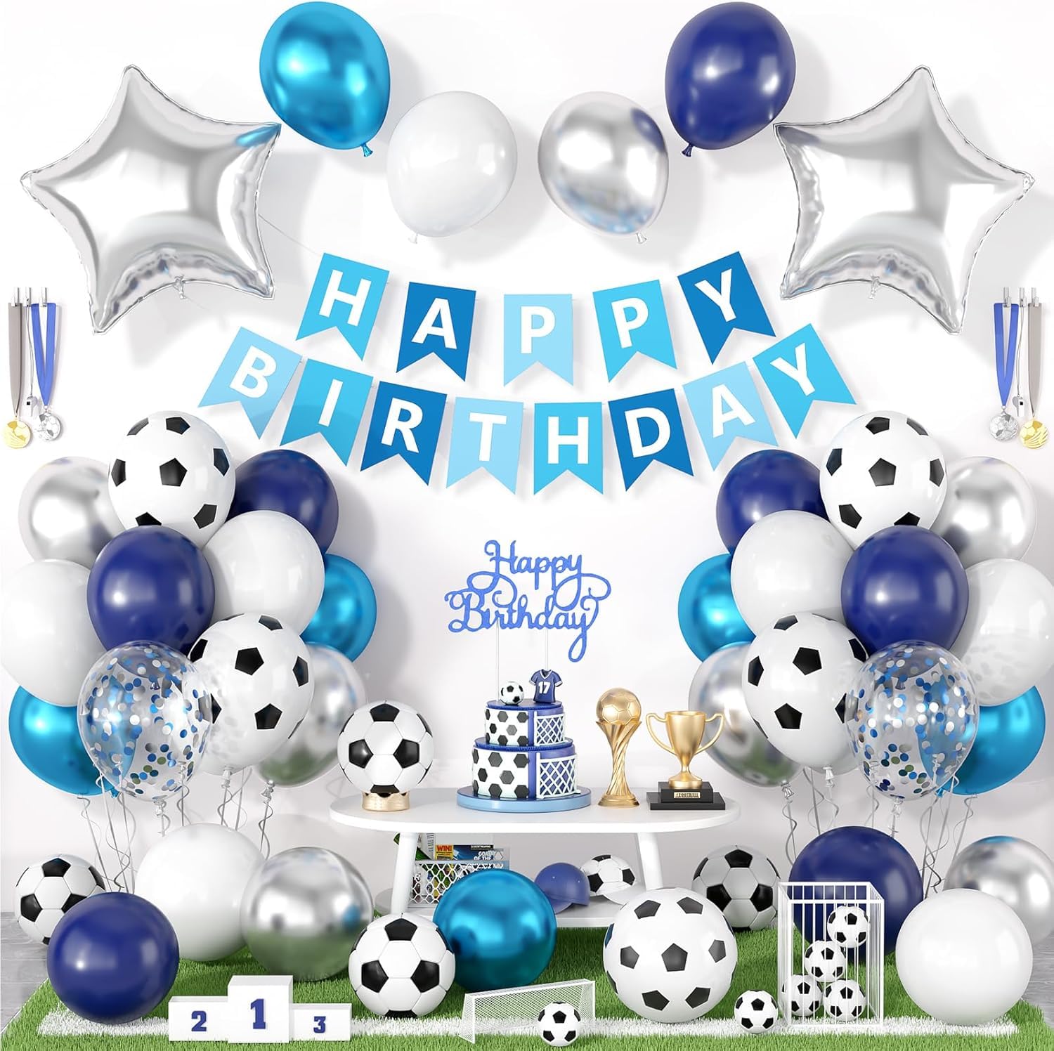 Football Birthday Party Decorations, Football Party Decorations Supplies with Blue White Balloons Happy Birthday Banner Cake Toppers 18in Foil Mylar Balloon for Boys Girls World Cup Sports Theme Decor — image 1