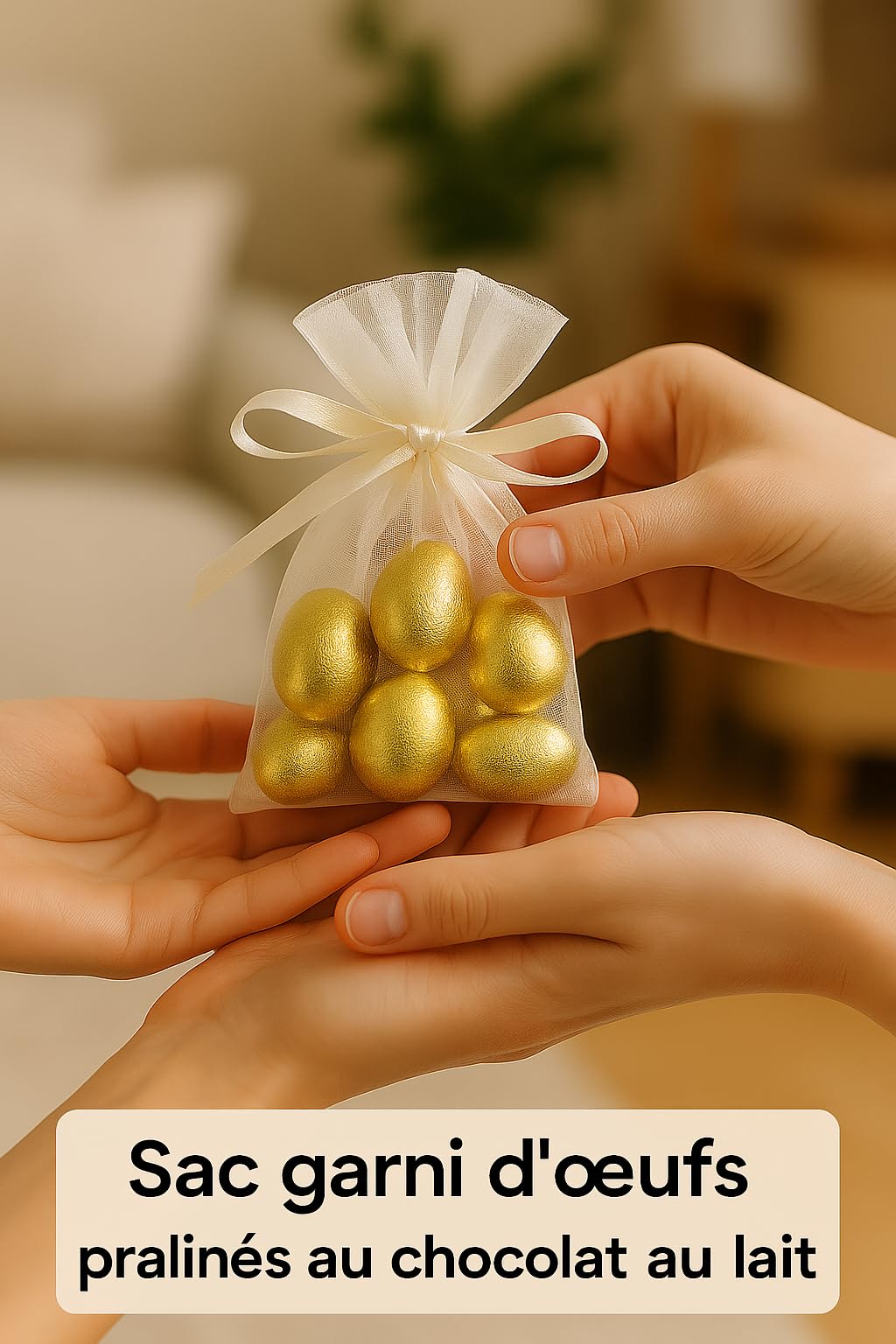 Dupleix - lot de 25 Sacs de 6 Œufs Pralinés Chocolat au Lait sous alu or – Présentés en Sac Organza taille 7 * 9 – Idéal Pâques, Hôtellerie, Cadeaux Invités, Événements
