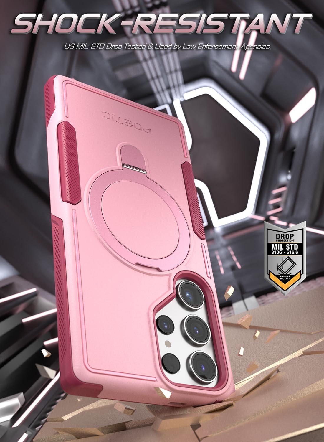 Poetic Neon MagPro Case Designed for Samsung Galaxy S23 Ultra / S22 Ultra 5G 6.8 inch,[Compatible with MagSafe] Dual Layer Heavy Duty Rugged Shockproof Protective, Magnetic Ring Stand, Light Pink