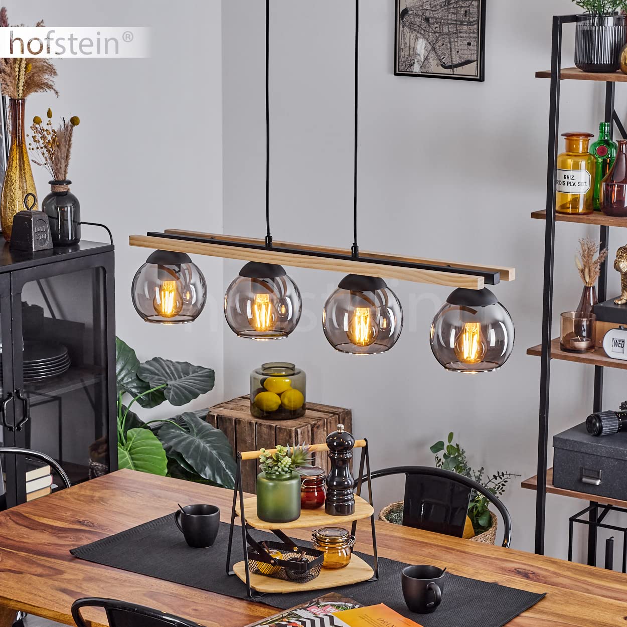 Lampada a sospensione Podre, lampada moderna in metallo/legno/vetro in colore nero/natura/fumo, 4 luci, con paralume in vetro reale (15 cm) e asta in legno, altezza massima 129cm, E27, senza lampadine
