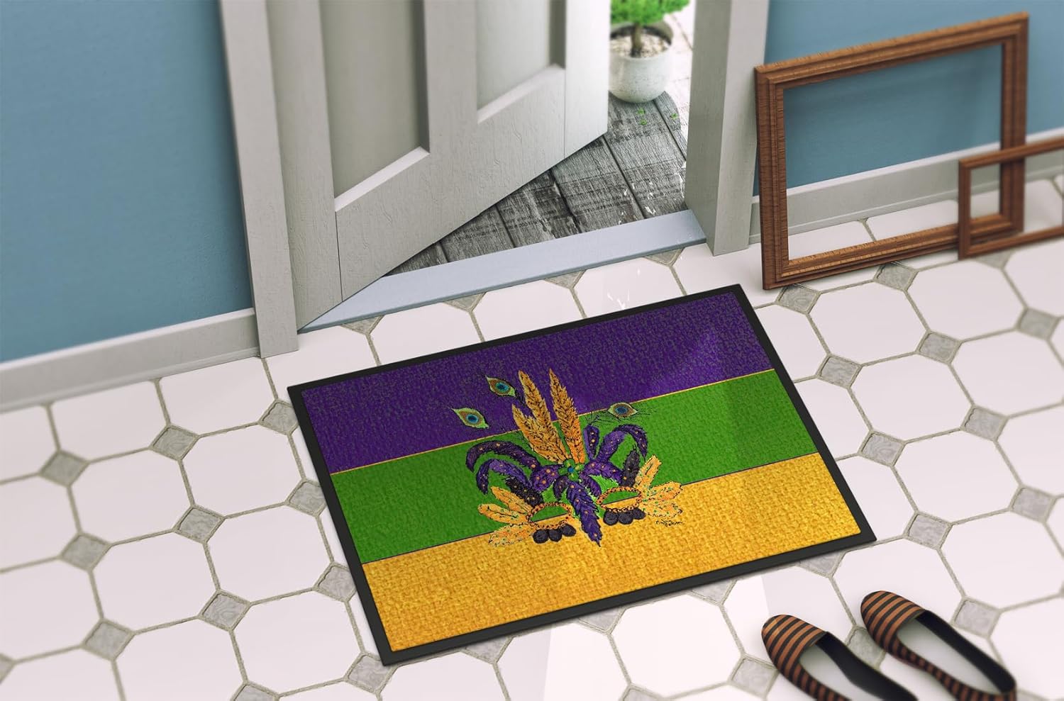 Caroline's Treasures 8387MAT Mardi Gras Mask Doormat 18x27 Front Door Mat Indoor Outdoor Rugs for Entryway, Non Slip Washable Low Pile, 18H X 27W