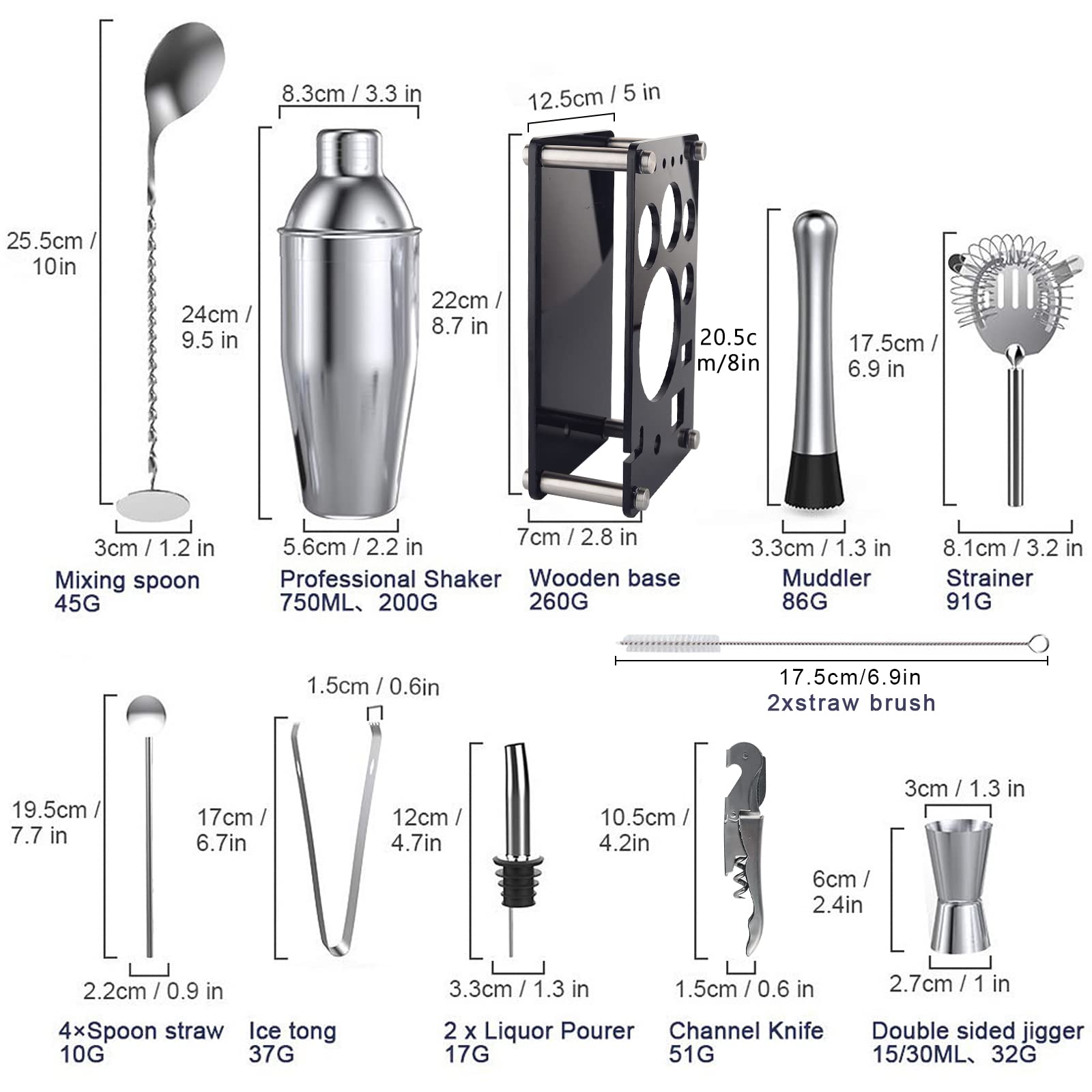Shaker Cocktail Set 750 ML, 17 Pezzi Kit da Barman in Acciaio Inox, Professionale Kit Barman Completo, Set di Strumenti Bar con Mensola in Cristallo,Ricetta,per Casa, Bar e Feste,Regalo