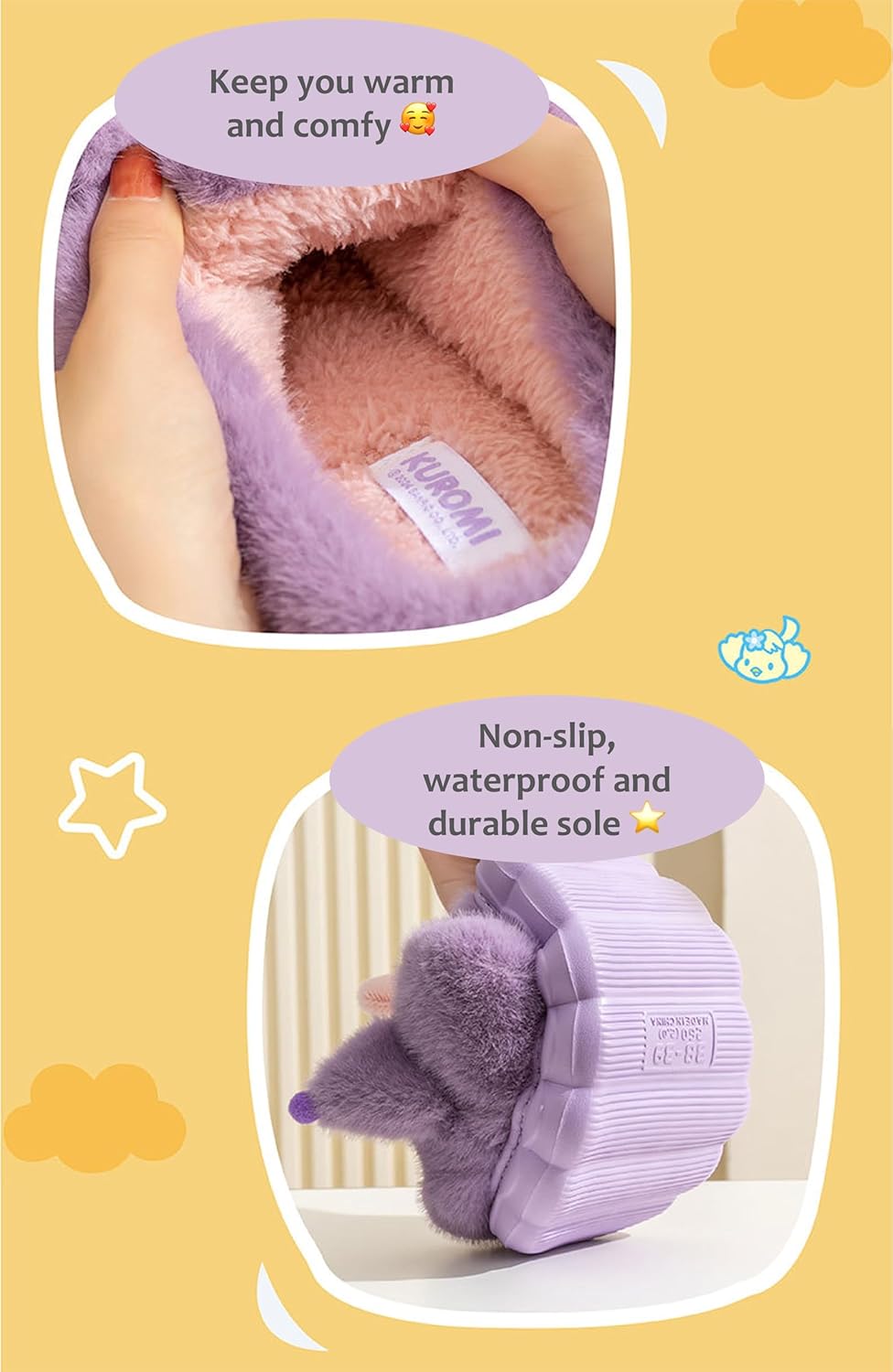 Kuromi with Rabbit Crown Home Slippers for Girls Kids Children