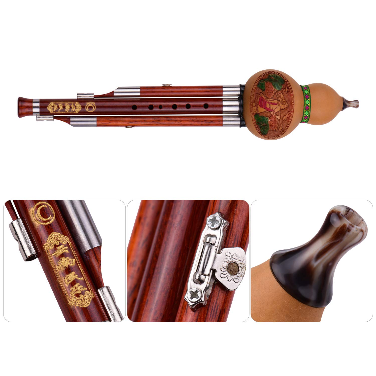Hulusi C Key, 3 Tone C-Key Hulusi Gourd Cucurbit Flauta Tubos de Madera Maciza Instrumento Tradicional Chino con Estuche de Transporte de Nudo Chino para Principiantes Aficionados Musicales