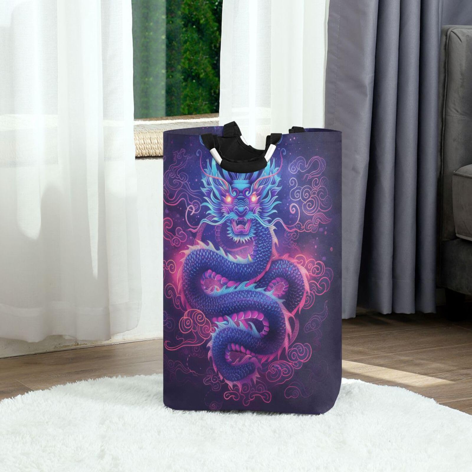 Jihqo Laundry Hamper Basket Serious Dragon with Cloud Collapsible Nursery Storage Bin Waterproof Clothing Baskets for Home Bedroom Bathroom Washing Room