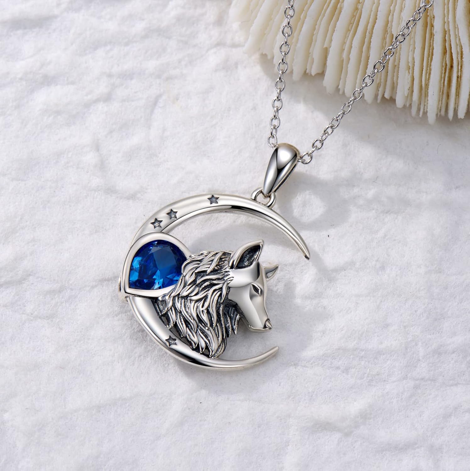 Crescent Moon Star Necklace for Women,925 Sterling Silver Created Blue Cubic Zirconia Wolf Pendant Necklaces,Animal Wolf Jewelry Gifts for Women