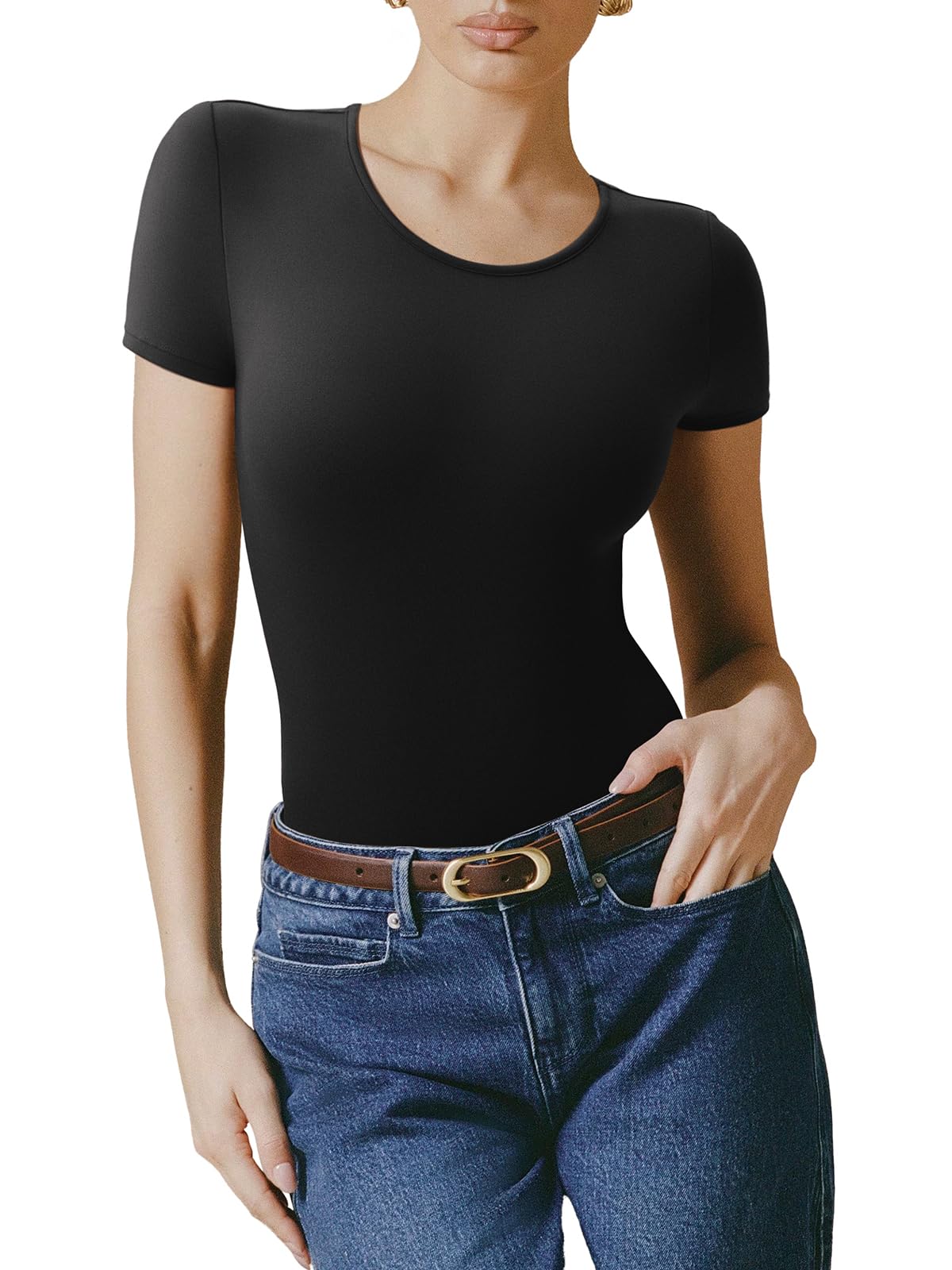 REORIA Women's Short Sleeve Bodysuits for women Basic Slim Fit Double Lined Body Suits T-shirt Tops