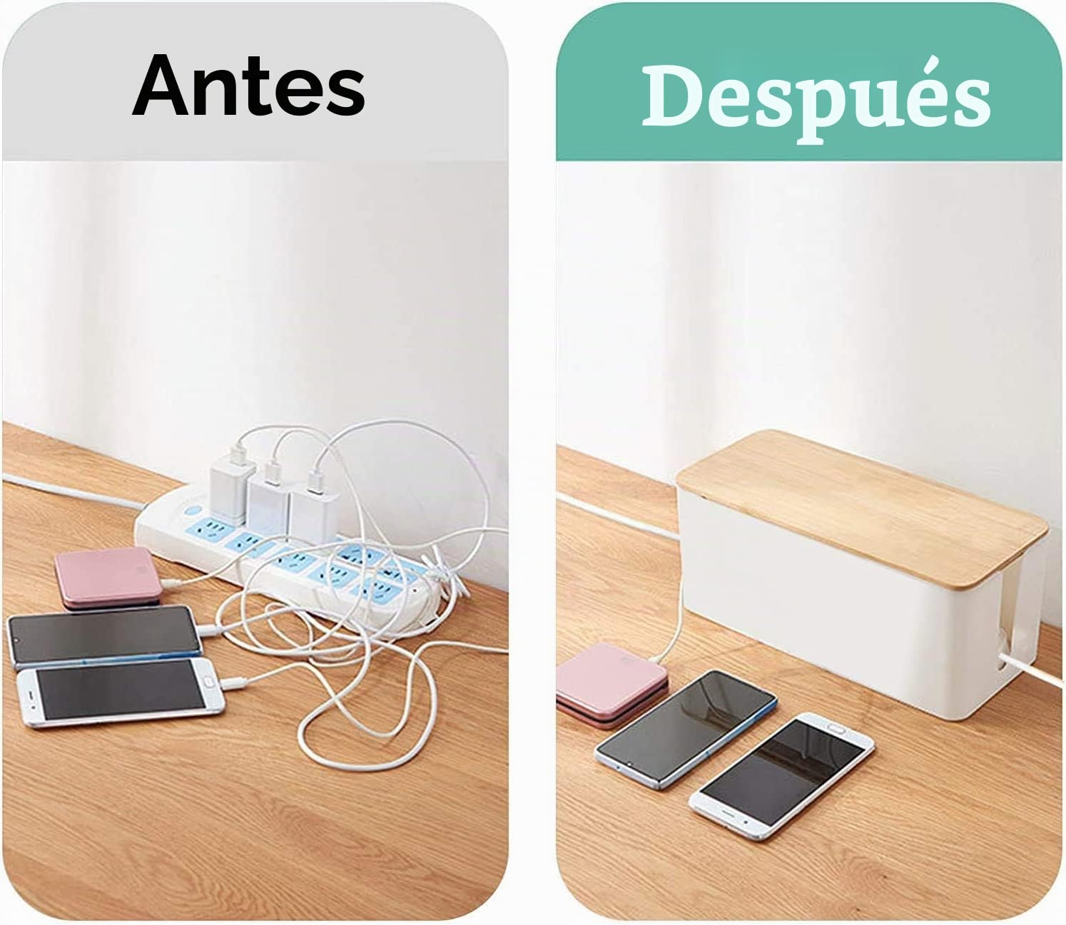 SENENQU 3 Piezas Caja Organizadora Cables con Tapa de Madera, Caja para Cables Blanca con Bridas Incluidas, Tres Tamaños para Regletas, Router, Escritorio, Salón y Oficina