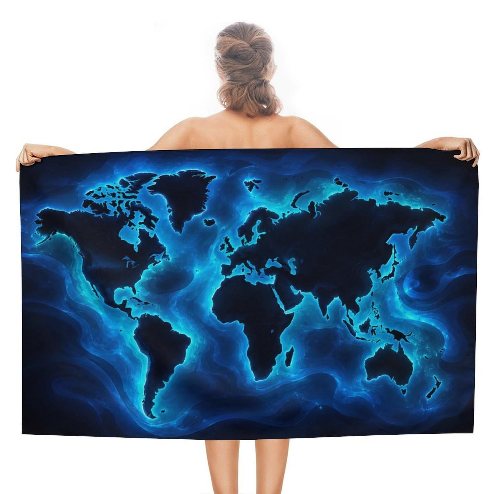 Anceky Glowing World Map Blue Ocean Oversized Beach Towel Quick Dry Sand Free Microfiber Travel Towel Lightweight Multi Purpose Beach Blanket Pool Gym Bath Towel 51x31 in