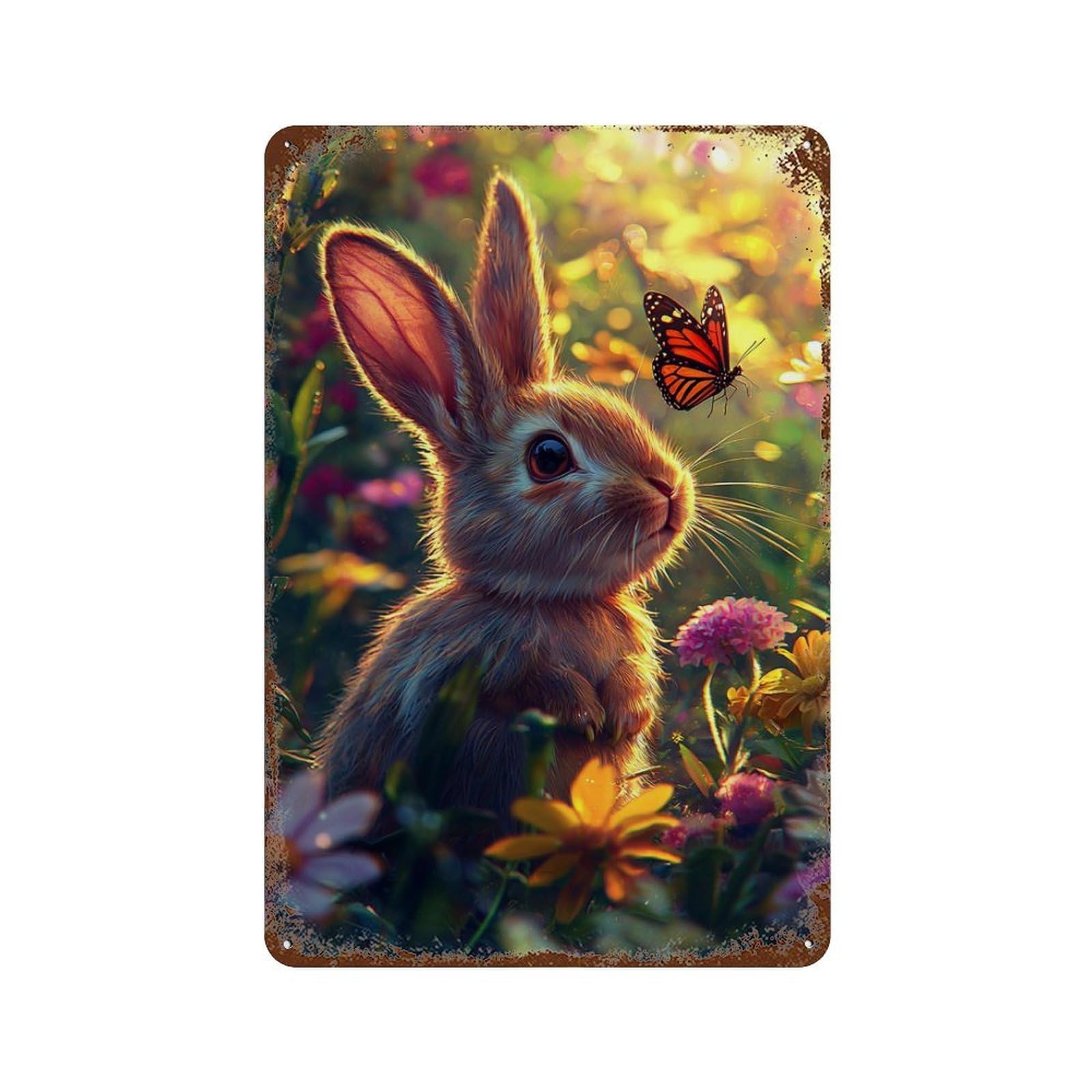 Rust Effect Bunny in Flower Garden Decorative Tin Sign 11.8"x7.9", Classic Wall Plaque for Pub, Kitchen And Man Cave Decor