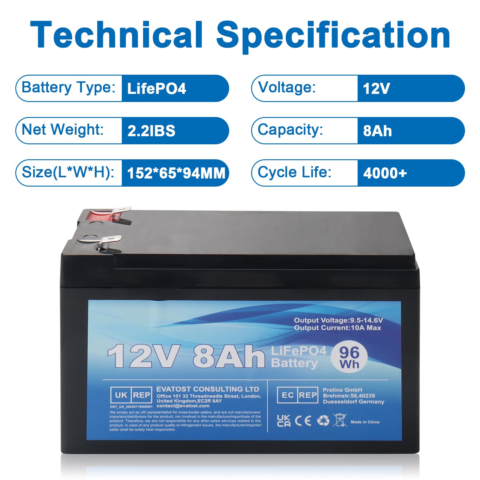 LiFePO4 12V 8Ah Batteria ricaricabile al litio ferro fosfato con BMS per auto per bambini, 4000 cicli profondi per energia solare, sistema di allarme, applicazioni off grid, campeggio