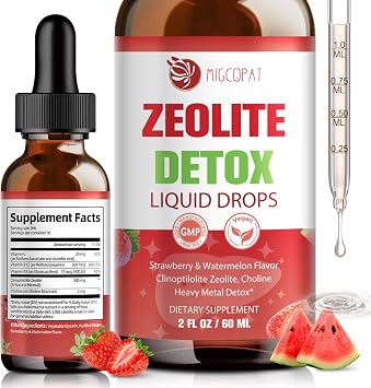 Zeolite Detox Liquid Drops with B12, D3 & Vitamin C Pure Body Cleanse Support for Heavy Metals, Natural Zeolite Formula, Strawberry Watermelon Flavor, 60ml