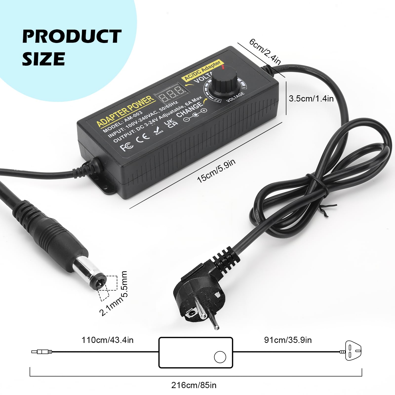 144W Universal Einstellbares Netzteil Adapter 100V-240V AC to DC 3V-24V 6A Konverter Netzteil, Einstellbarer Netzadapter mit 14 Tipps & Polaritätskabel-6A Max