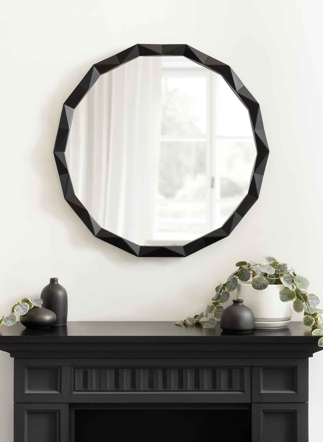 Kate and Laurel Endicott Modern Geometric Round Wall Mirror; 26 Inch Diameter; Black; Transitional Faceted Wood Circle Mirror for Use as Bathroom Mirror for Over Sink or Cute Nursery Mirror