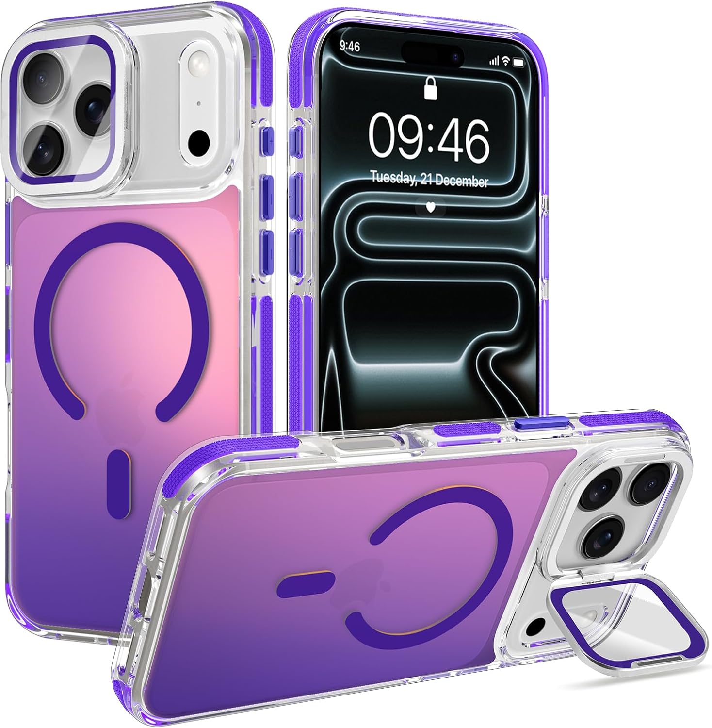 Cute Case for iPhone 17 Case with Camera Lens Protector Stand for Women Girls Men [Compatible with Magsafe] Aesthetic Glitter Sparkly Bling Magnetic Phone Cover, Iridescent Purple