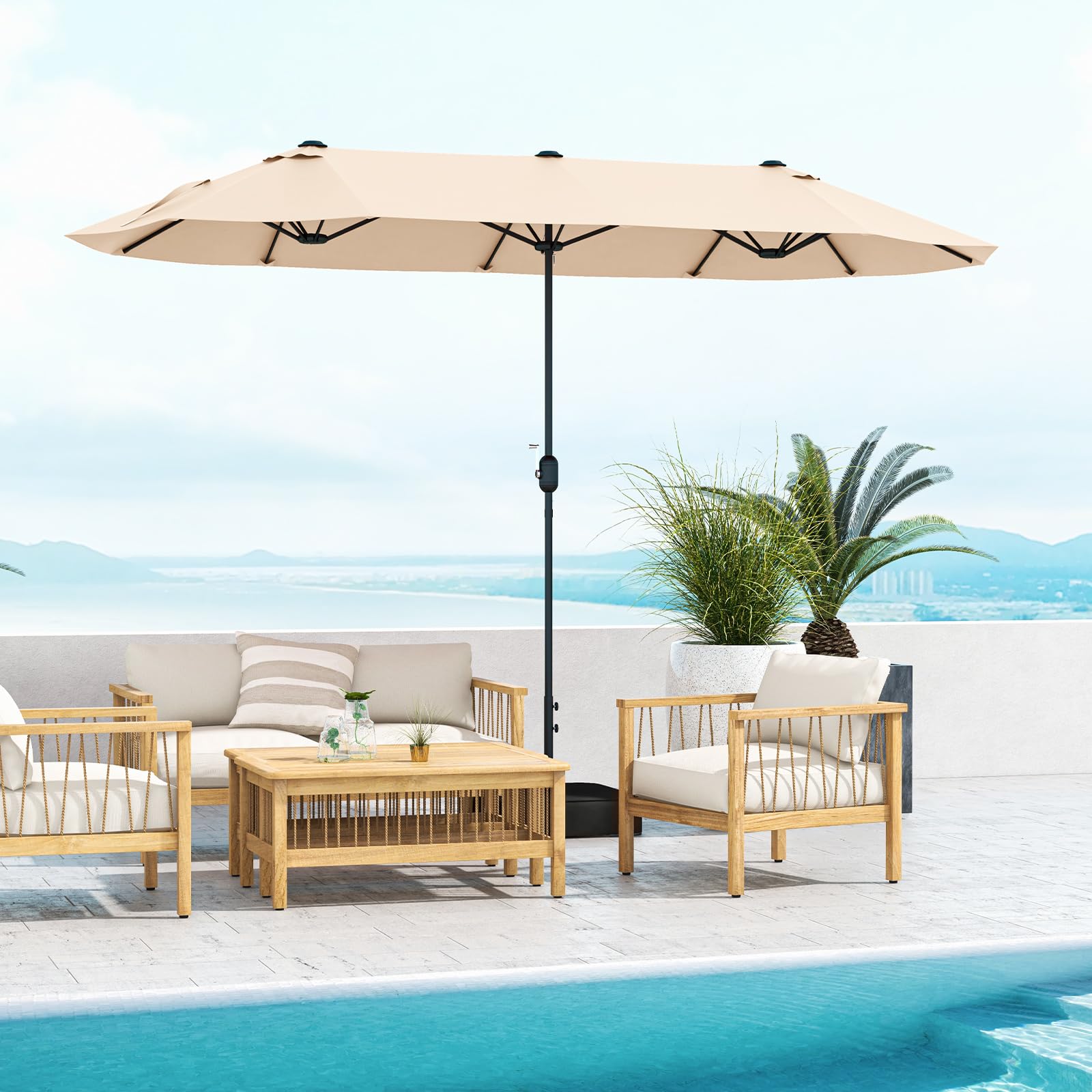 GYMAX Ombrellone Doppio da Giardino con Base, 4 x 2 m, con Manovella e Ventilazione, Ombrellone da Tavolo Extra Grande per Area Piscina, Terrazzo e Cortile