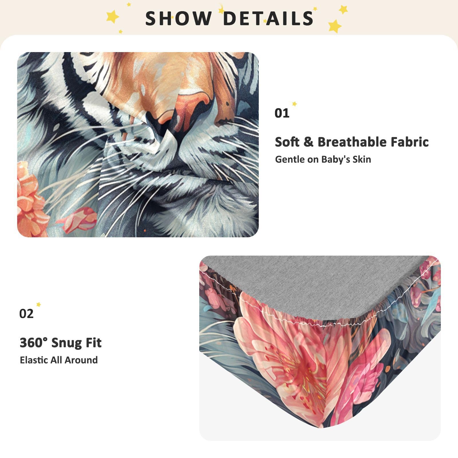 Tigre PatróN De Flores Sábana de Cuna para Niños Pequeños,Sábanas de Algodón Suave para Bebés Aptas para Colchón Corralito