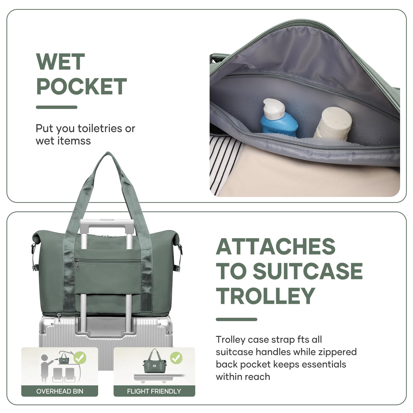 Reisetasche Damen Sporttasche 40x30x20 Ryanair Handgepäck Tasche Weekender Bag Schwimmtasche Wasserdicht Travel Bag Duffle Bag Wickeltasche Trainingstasche Frauen für Reise Gym,grün
