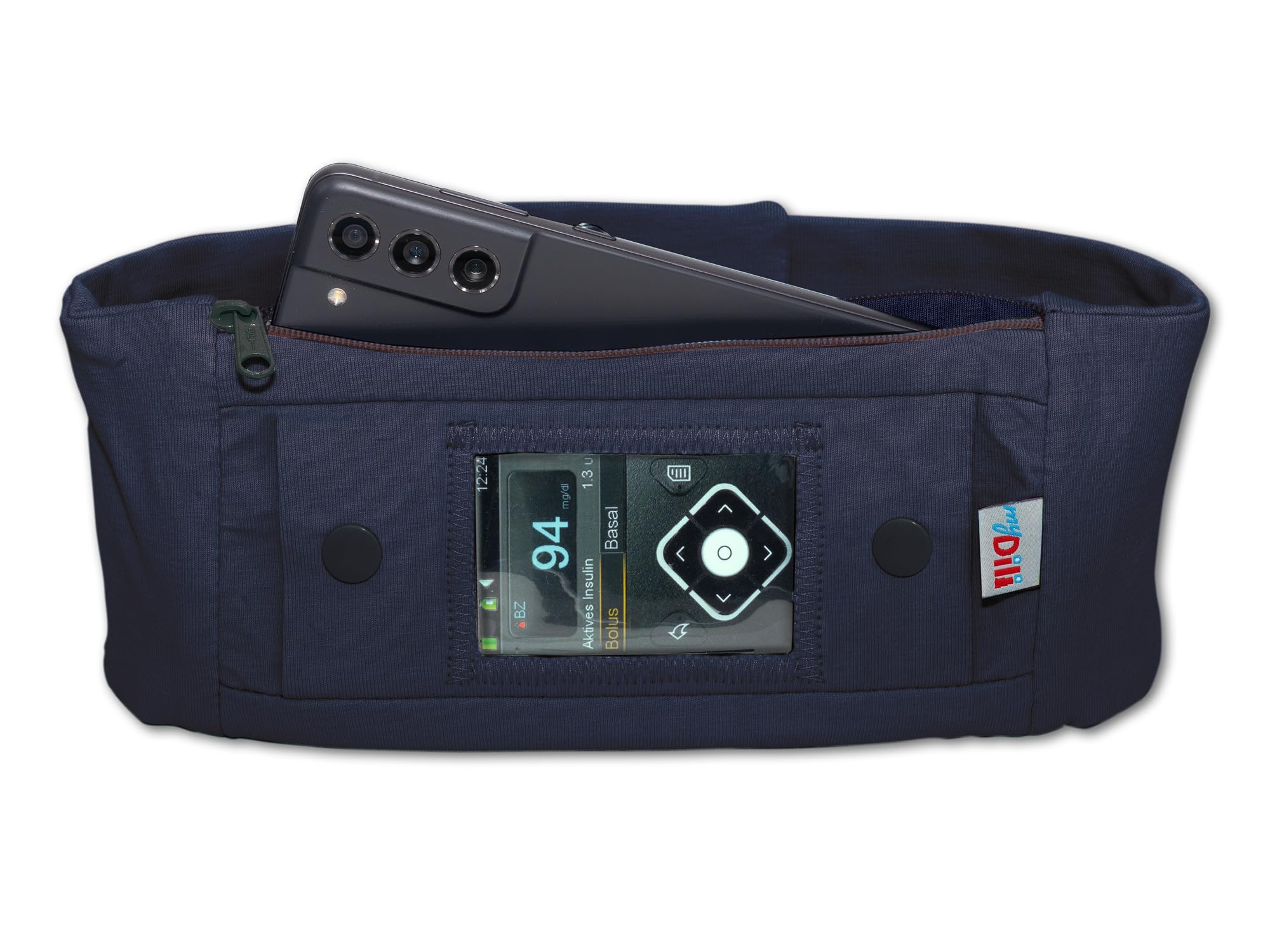Bolsa para bomba con ventana y bolsillo adicional para bombas de insulina, color azul oscuro, tamaño 65 cm – 70 cm