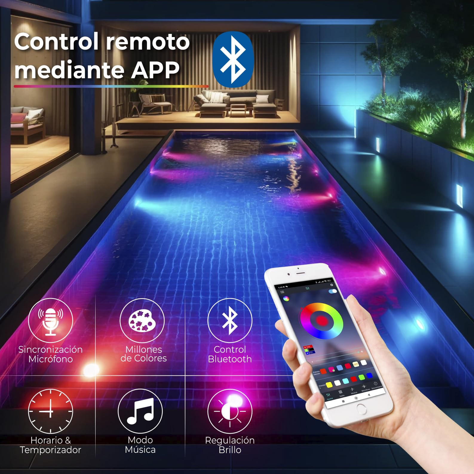 LED ATOMANT 4x Luz Piscina LED RGB 10W IP68 Cable 8m Adaptador y Mando