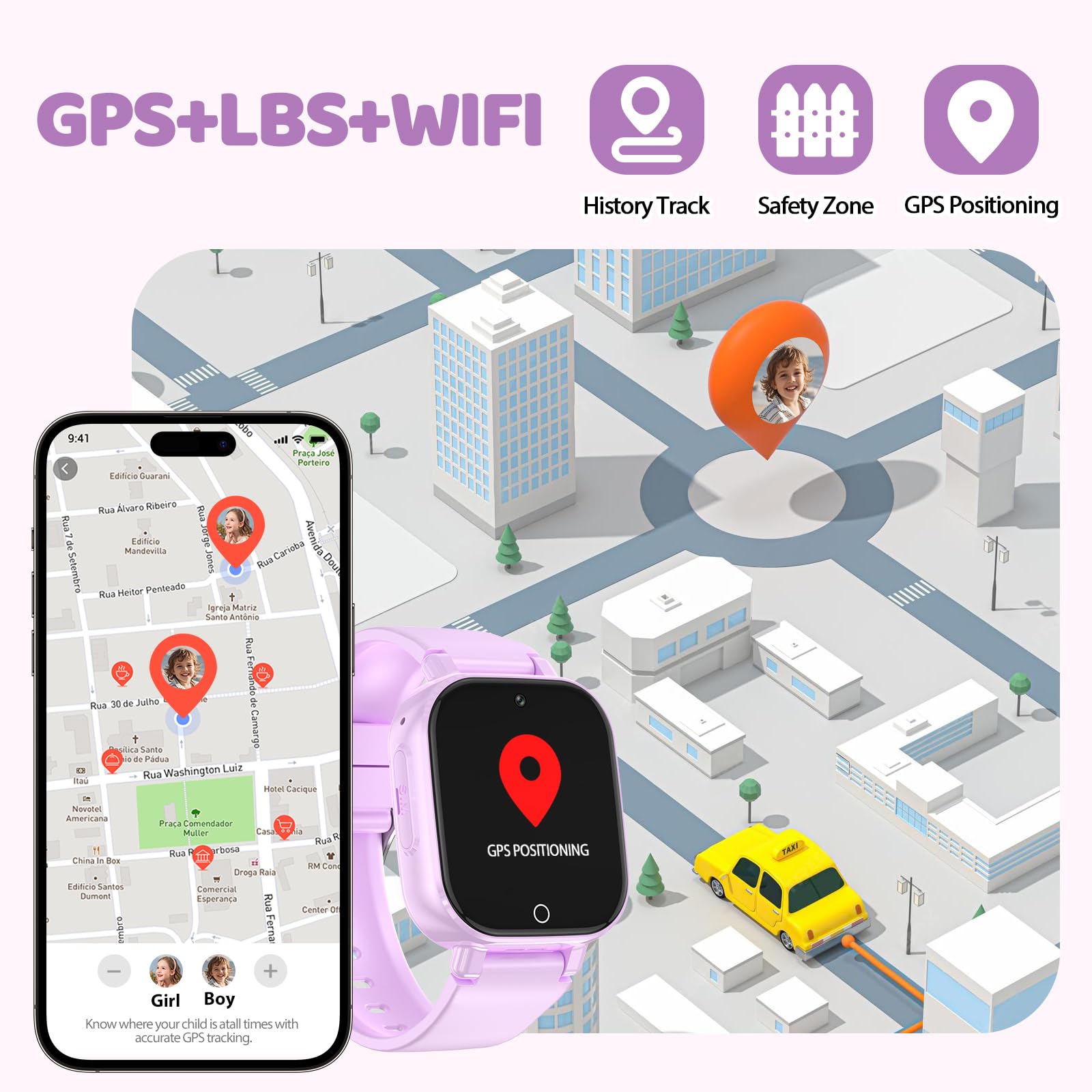 Reloj Inteligente Niño 4G Llamadas, Smartwatch Niños con GPS Telefono Videollamada SOS Chat de Voz Modo Clase Cámara Cronómetro Podómetro Calculadora, Reloj Infantil Niño Niña de 4 a 12 Años, Violeta