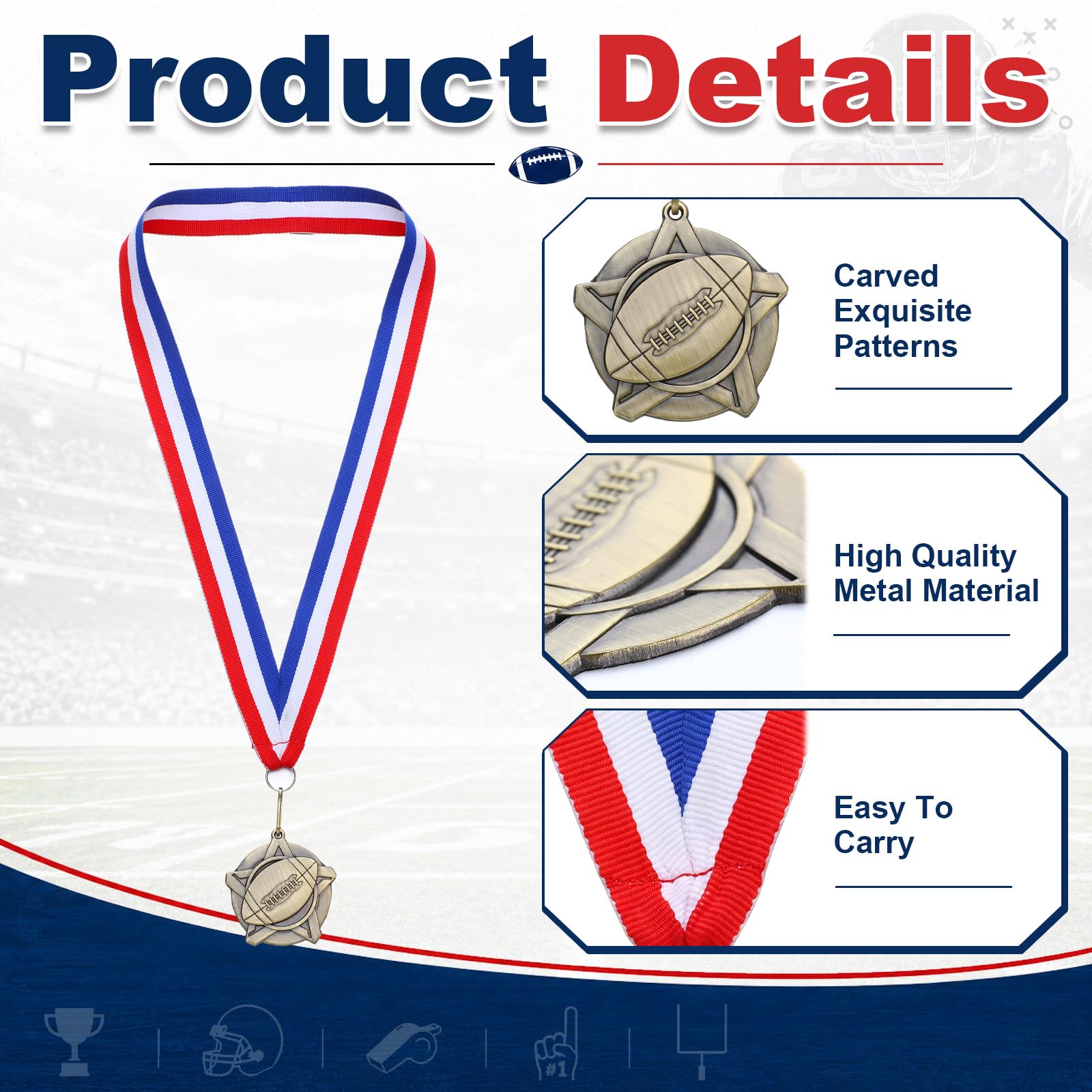 Kenning Lot de 30 médailles de football dorées de 5,1 cm avec rubans de cou en métal pour tournois, compétitions, fêtes