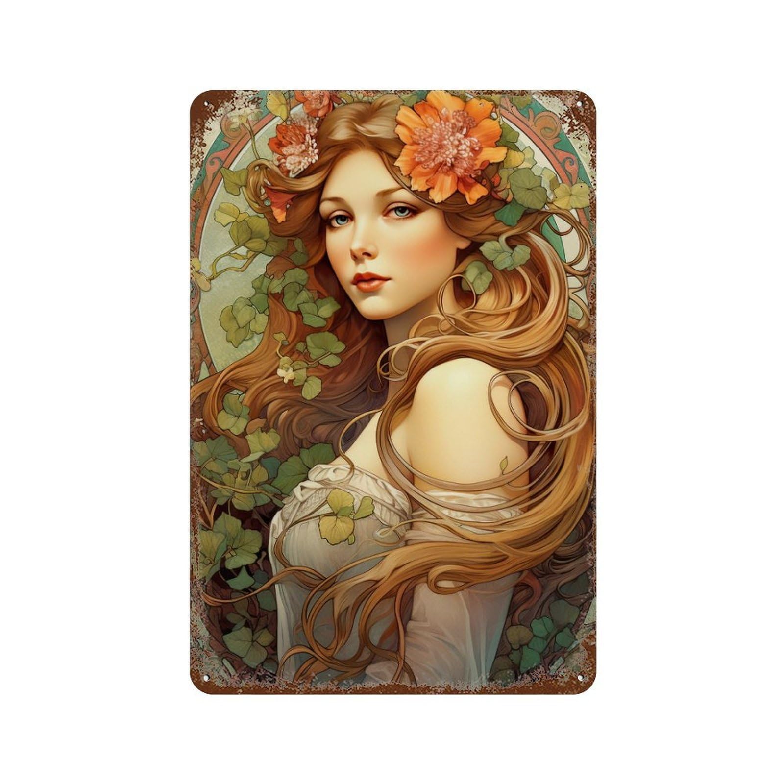Art Nouveau Woman with Flowers Rust Effect Tin Sign 11.8"x7.9", Vintage Wall Decor for Bistro, Counter And Cafe Decor