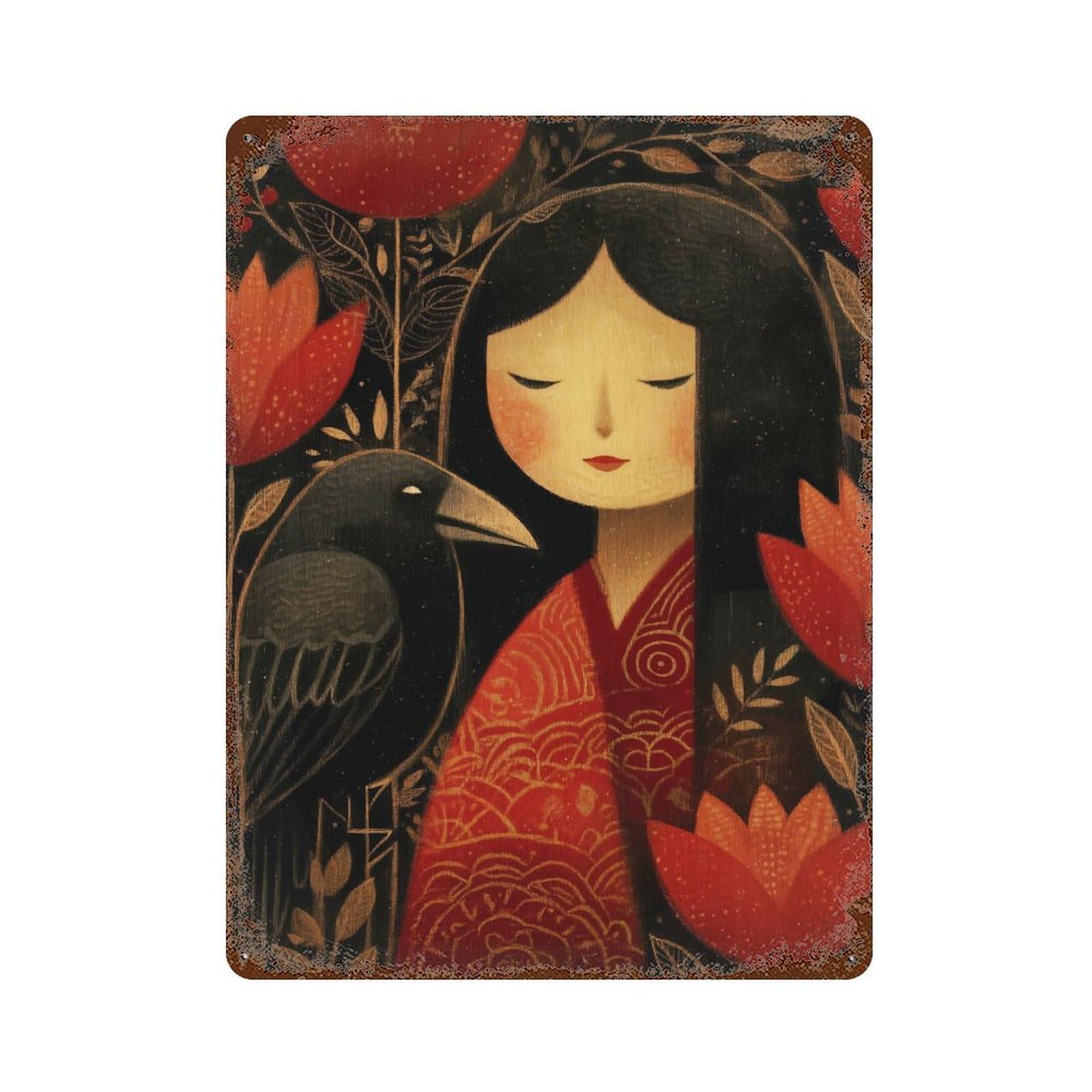 Cute Kokeshi Girl with Raven Vintage Wall Sign 15.7"x11.8", Rust Effect Metal Decor for Basement, Hobby Room And Garage Decor