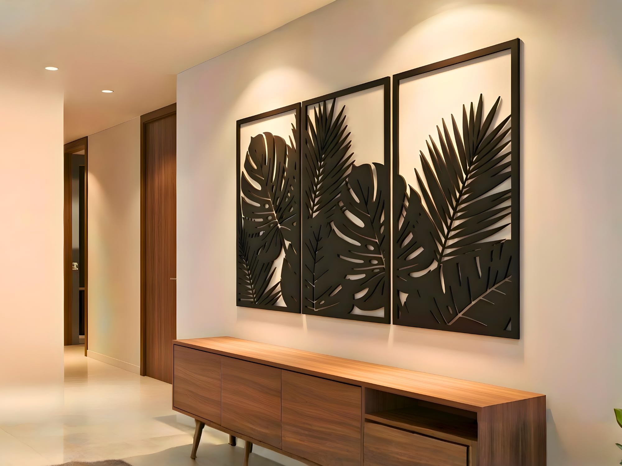 VAILLA Árbol de la Vida Decoración de Pared Mural de Madera Decoración en Negro Dorado Decoración de Pared Hogar Arte de Pared 3D Decoración Moderna Cuadros para Hogar (Hojas tropicales 8)